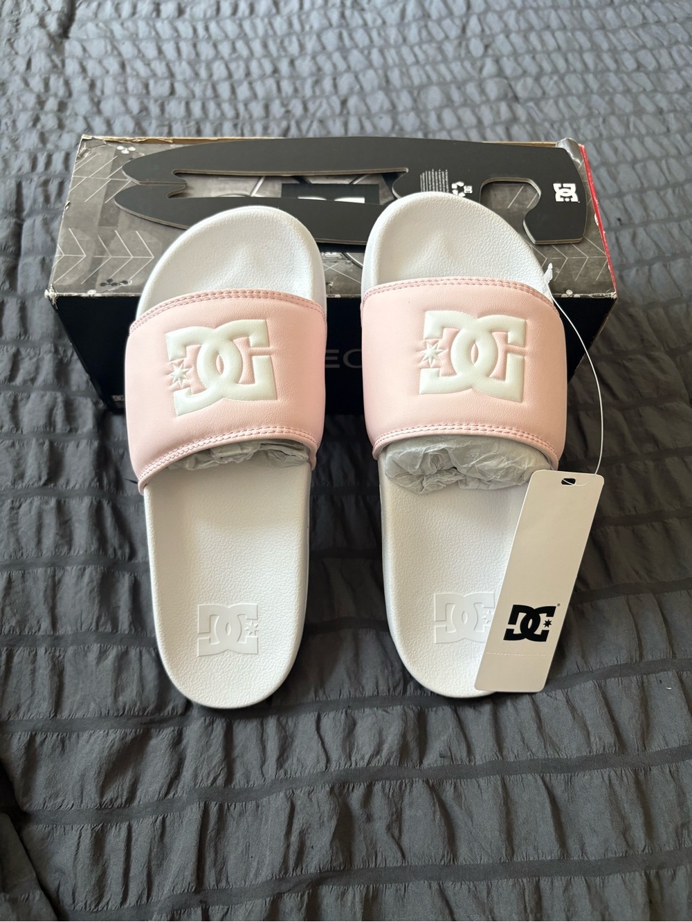 DC Pink and White Slide Sandals with Embossed Logo